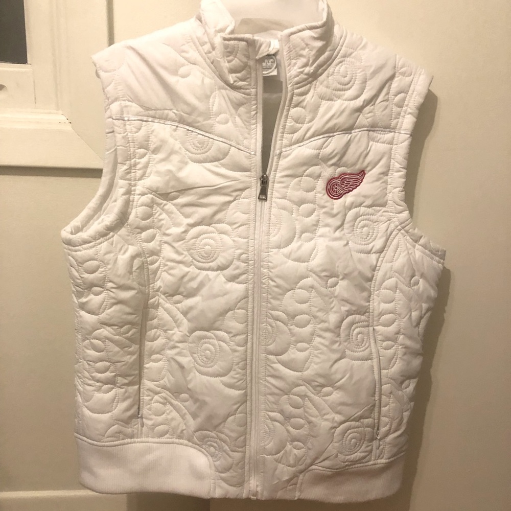 White Quilted Sleeveless Vest with Embroidered Red Logo